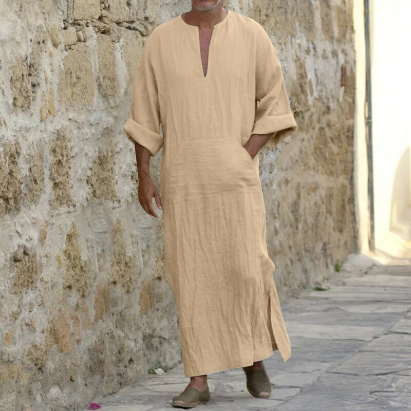 Islamico tradizionale Jubba Thobe uomini Abaya lino abiti musulmani Dubai arabo caftano abbigliamento Qamis Homme arabo turco abito Hijab vestito