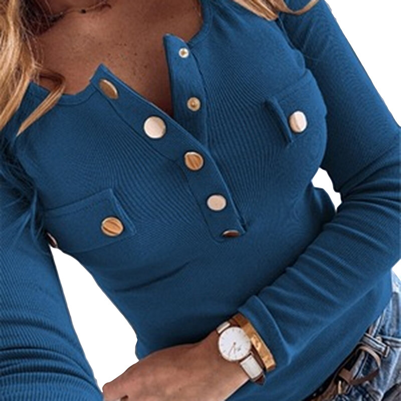 Koszule damskie bluzki damskie z długim rękawem 2023 nowe elegancki guzik damskie S Sexy z dekoltem w szpic swetry Slim topy damskie 5XL