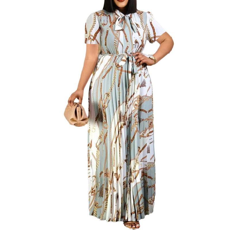 LW 플러스 사이즈 타이넥 체인 프린트 플리츠 A 라인 드레스, 짧은 소매 맥시 드레스, 2023 우아한 패션 여성 드레스