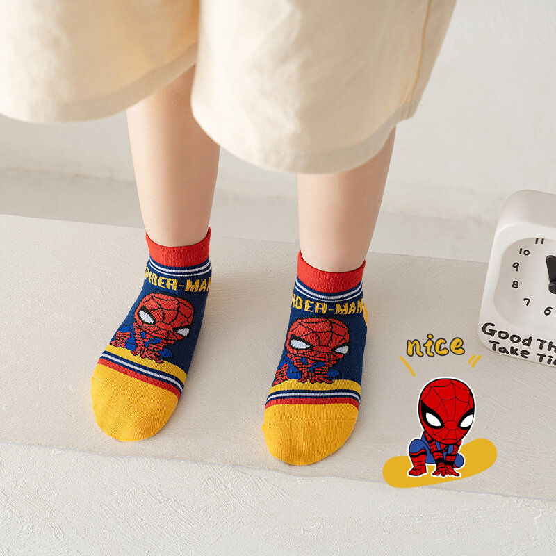 5 Pairs Kids Socks Spring Summer Spiderman Anime Children Socks Boys Short Sock Cartoon Iron Man Captain America Baby Mesh Socks