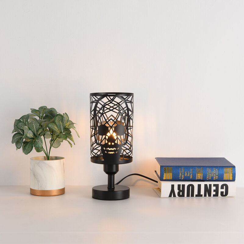 Skull Table Lamp Plug-in Switch Black Industrial Nightstand Lamp Round Skull Metal Cage Shades E26 Goth Desk Lamp for Bedroom