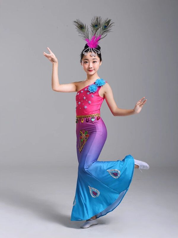 فستان أداء رقص الطاووس للأطفال ، فستان ممارسة داي الوطني ، تنورة ذيل السمكة للفتيات ، جديد