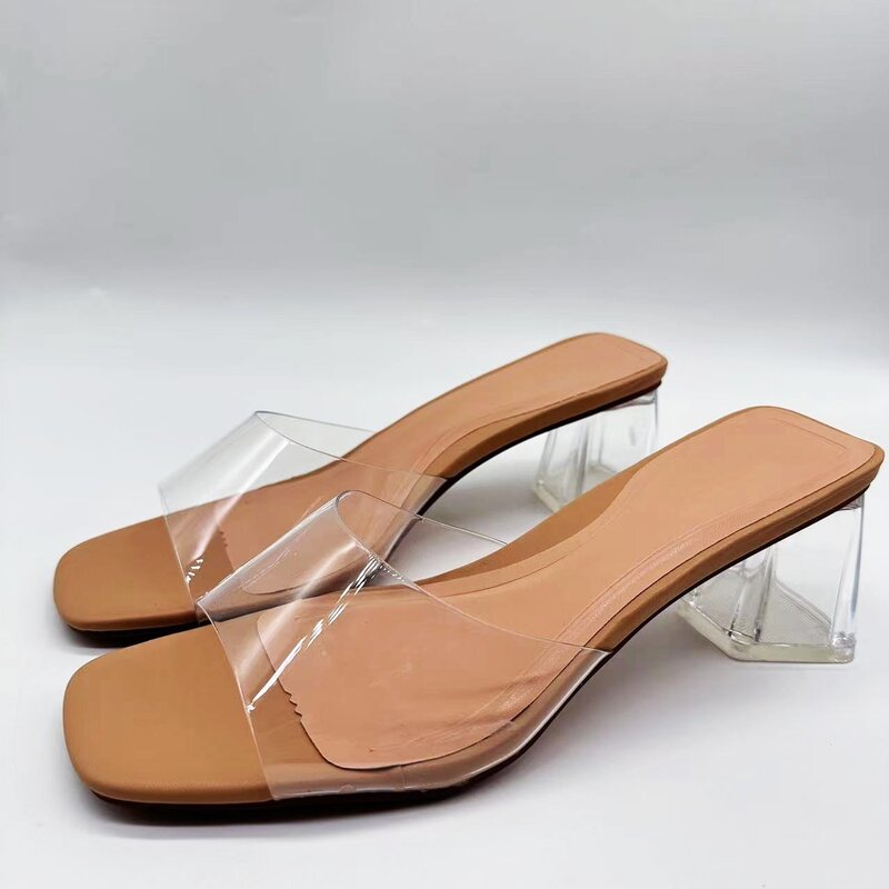 รองเท้าแฟชั่นสำหรับผู้หญิง2024ใหม่รองเท้าส้นหนาประดับคริสตัลรองเท้าแตะส้นสูงแบบโปร่งใสสำหรับผู้หญิง