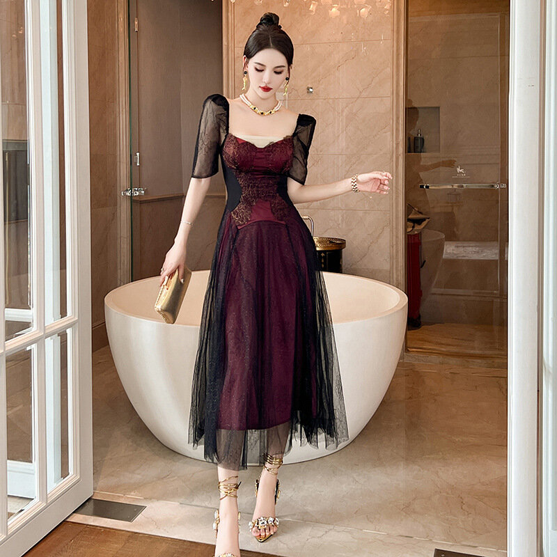 Harajpoo-vestido longo fofo francês feminino, estilo retrô, pescoço quadrado, malha da cintura, elegante, nova moda, verão, 2024