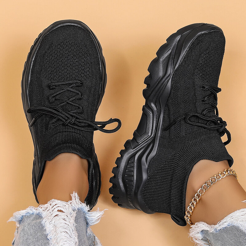 Thick Soled Oversized Sports Mesh Breathable Women's Shoes Socks Solid Color Cuffs, Lace Up Fashion Non Slip Women's Shoes