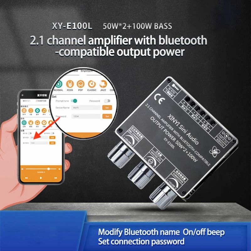 Bluetoothオーディオアンプモジュール,XY-E100Lチャンネル,高解像度,サブウーファー,50W x 2 2.1 W