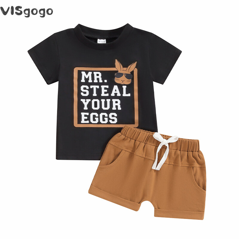 VISgogo 0-3Years Baby Boys Easter Outfit Short Sleeve Letters Print T-shirt with Elastic Waist Shorts 2pcs Summer Casual Outfit