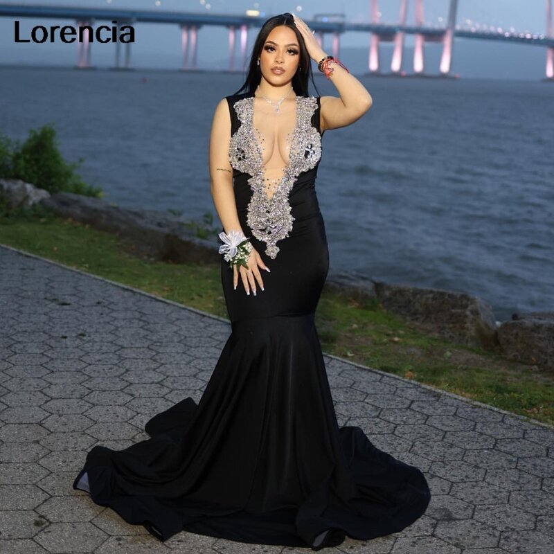 Lorencia Black Velvet Mermaid Prom Dress For Black Girls 2024 Silver Crystal Beaded Formal Party Gala Gown De Soiree YPD130