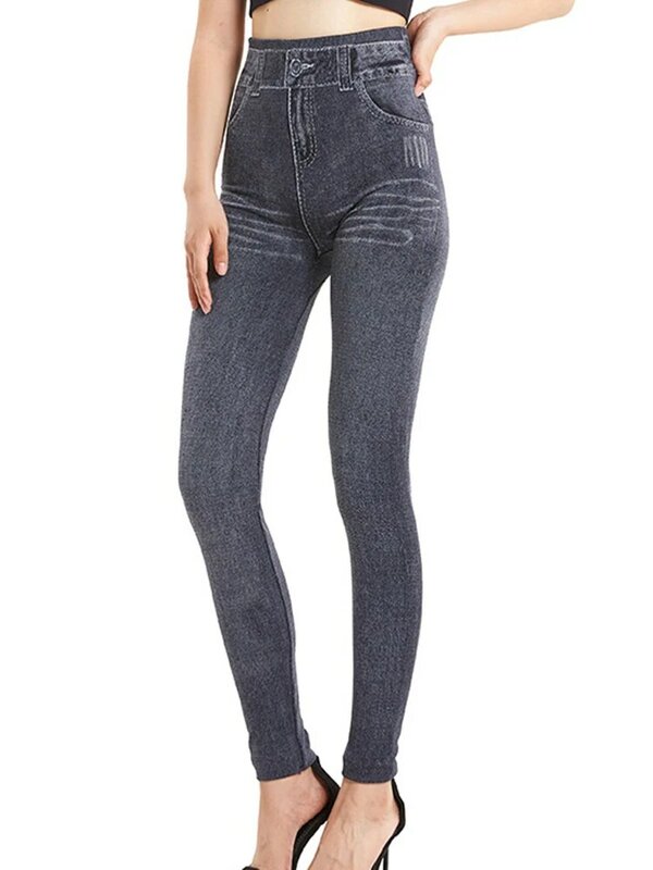 Sportowe sztuczny jeans damskie spodnie ołówkowe legginsy Push Up bezszwowe jegginsy z wysokim stanem elastyczne
