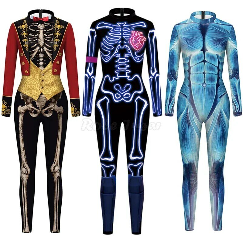 Macacão assustador impresso esqueleto para homens, traje cosplay de festa de Halloween, bodysuit fitness para adultos, 1 peça, C40X41