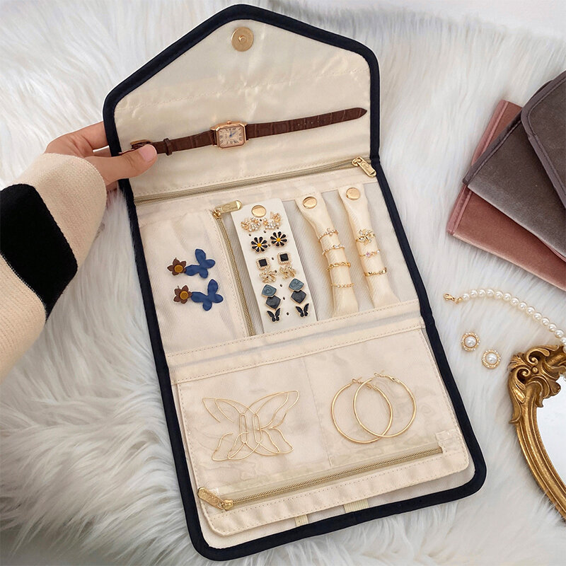 Foldable Jewelry Case Roll Travel Jewelry Organizer Portable for Journey Earrings Rings Diamond Necklaces Brooches Storage Bag