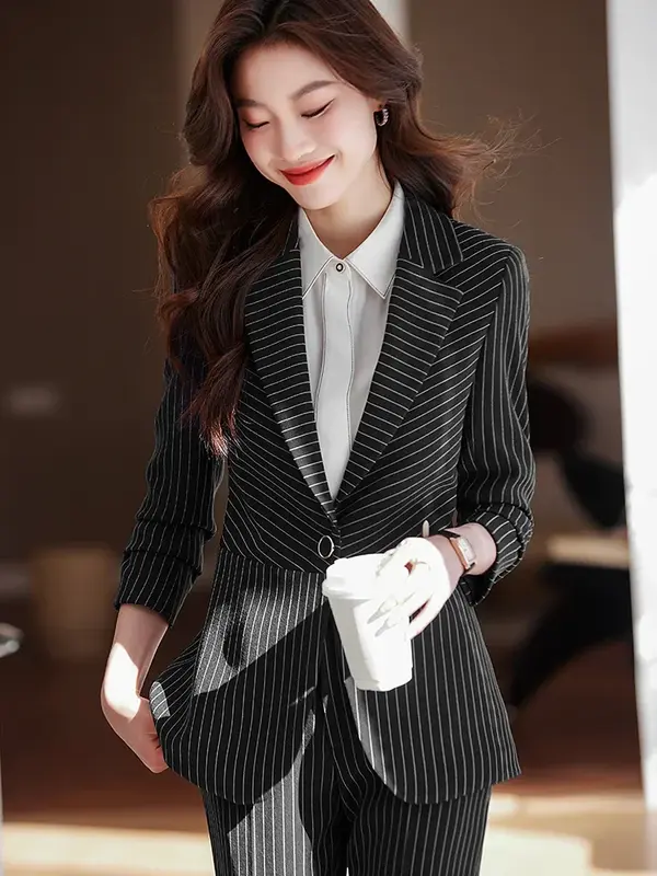 Blazer à rayures noires, bleues et blanches pour femme, pantalon imbibé, tenue de travail formelle, ensemble 2 pièces pour automne et hiver