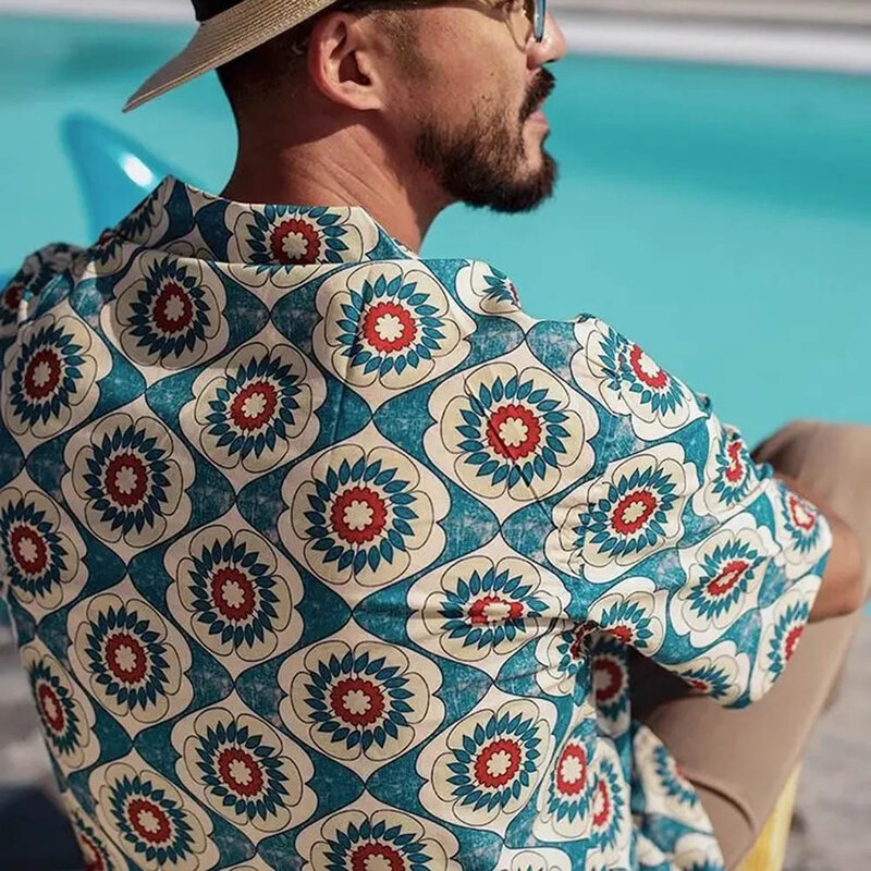 Camisa Y2K con estampado Floral, camisa informal de vacaciones de verano, alta elasticidad, solapa de vacaciones, poliéster nacional para hombre