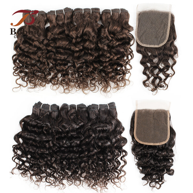 50g/pc 4/6 Bundles Curly Human Hair with 4x4 Lace Closure Black Brown Short Curly Style Water Wave Remy Human Hair