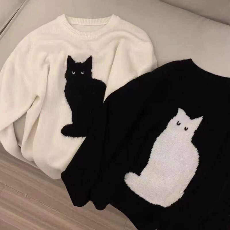 Jersey de punto de gato de dibujos animados para mujer, suéter cálido, suelto, Vintage, Top de moda, Kawaii, ins, nuevo, invierno, japonés