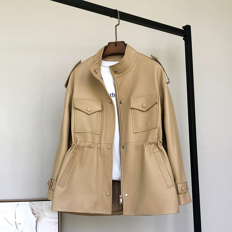Mantel kulit asli Haining wanita, jaket penahan angin kulit domba asli bungkus pinggang kecil setengah panjang Musim Semi 2024