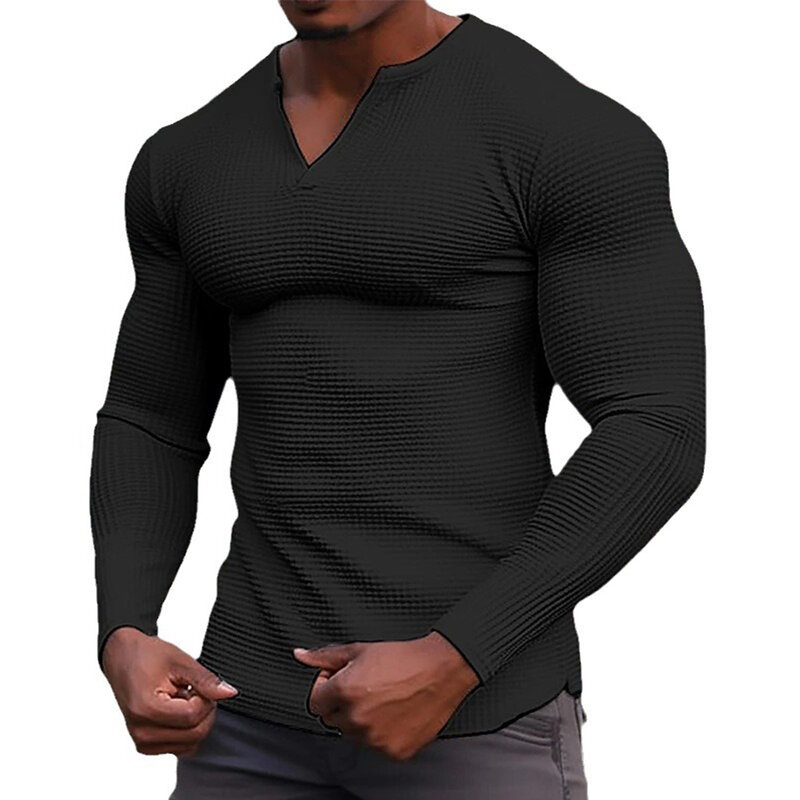 V Neck Men Shirts Full Sleeve Holiday Casual T-shirt Comfortable Tops Vacation Dating Long Sleeve Muscle Outdoor