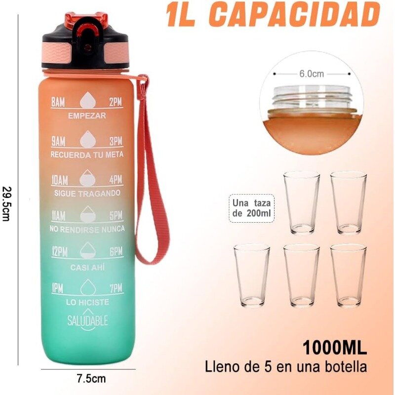 Botella de agua de 1 litro, jarra deportiva de Color Gradual con marcador de tiempo, calabaza para beber a prueba de fugas para viajes al aire libre, gimnasio, jarras para acampar