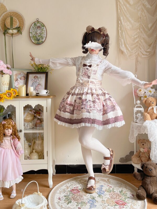 Victorian Sweet Lolita Jsk Dress Soft Bear Cartoon Cute Print Strap Dress Japanese Summer Girl Kawaii Party Suspenders Dresses