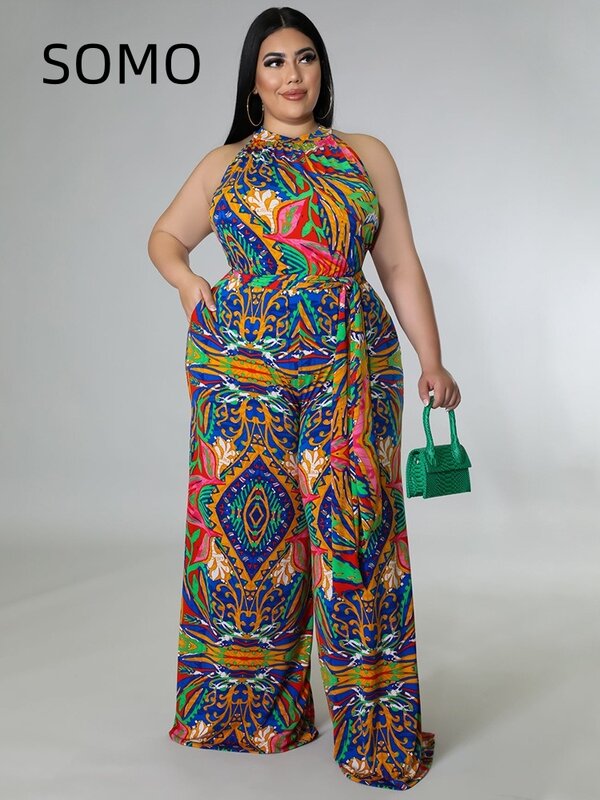 SOMO-Combinaison pour femmes, grande taille, imprimé avec ceinture, jambes larges, nouvelle collection 2024
