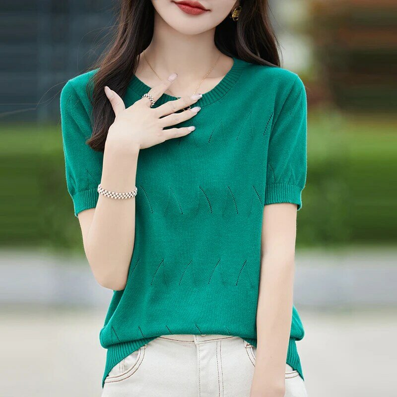 Women's Summer Fashion Short sleeved Simple Casual Knitted T-shirt Women's Comfortable O-neck Short sleeved Loose and Unique Top