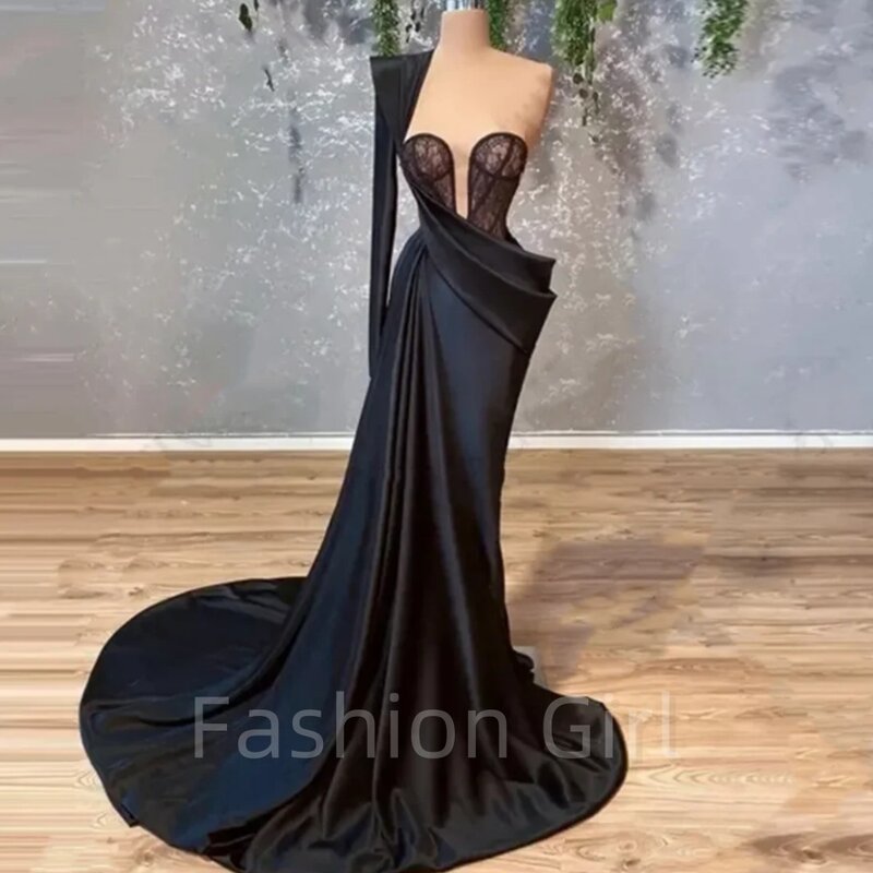 Sexy Black Lace Satin Irregular Pleated Mermaid One Shoulder Sleeves Luxury Women's Formal Occasion Evening Dress Customized