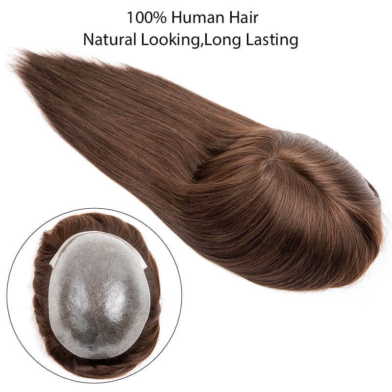 男性と女性のための結び目のある肌のベースのトーピー,100% の人間の髪の毛のかつら,長く滑らかな髪