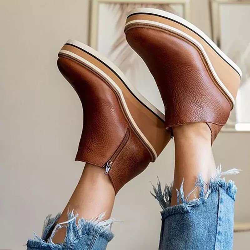 أسافين الأحذية النسائية الرجعية الإناث الكاحل الأحذية الاتجاه جولة تو منصة الجوارب مريحة سستة الأحذية الجلدية للنساء كعب