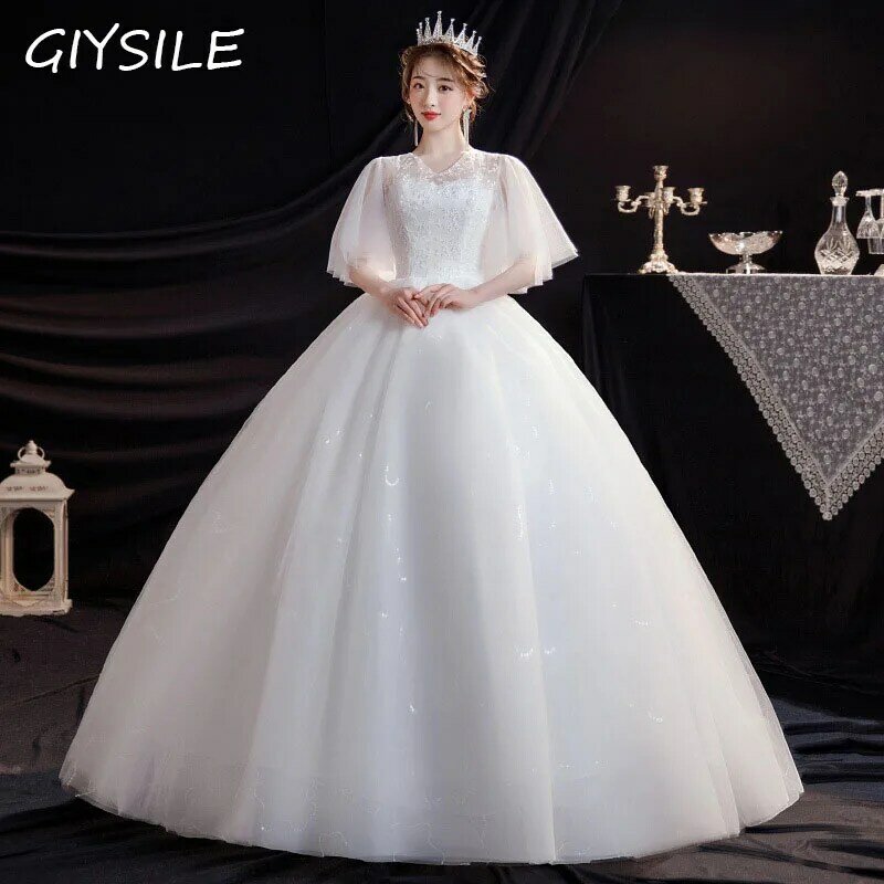 GIYSILE Lace Master Wedding Dress Minimalist Arm Covering Bride Plus Size V-neck White Wedding Dresses for Women Marriage Dress