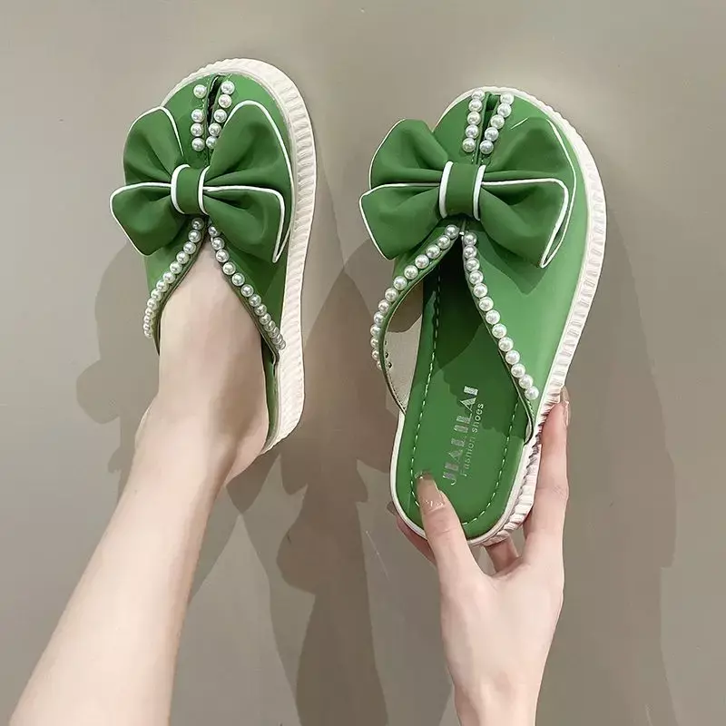 Indoor Mules Round Toe Fish Outside Home Slides Yellow House Sandals Pearl Kawaii Thick with Bow Shoes for Women Woman Slippers