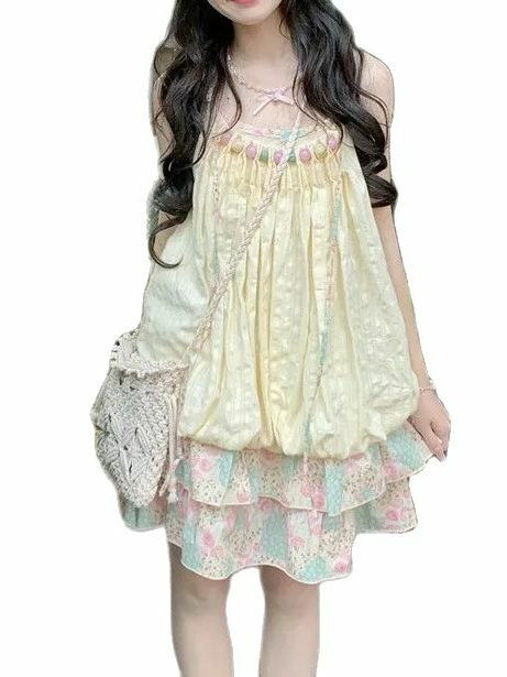 Vestido coreano solto para mulheres, Doce feminino Kawaii elegante festa mini vestidos, Vestido de Chiffon Floral Vintage, Conjunto de 2 peças
