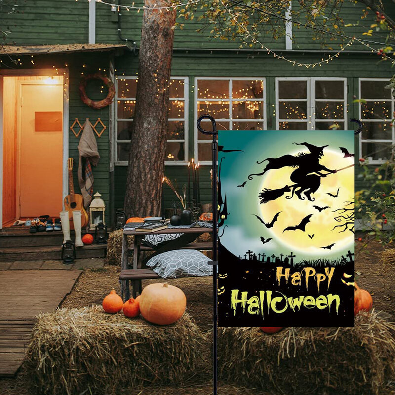 Bandiera della lanterna della zucca del fantasma della strega 1pc, bandiera del giardino stampata su entrambi i lati di Halloween, decorazione del cortile della fattoria, asta della bandiera esclusa