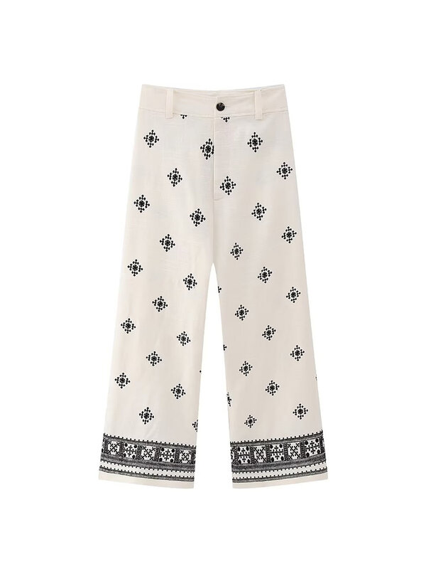 Pantalones holgados de lino para mujer, calzas informales con bordado suave, Estilo Vintage bohemio, moda de verano, 2023