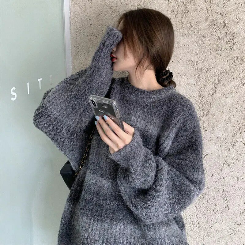 Sweater rajut Jepang wanita, sweater rajut Retro tebal, pakaian luar malas longgar, warna gradien, musim dingin