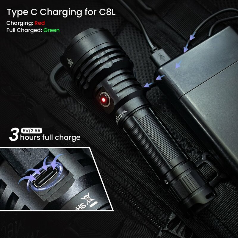 Sofirn-C8L XHP50D HI LED lanterna, tocha tática, autodefesa, USB C, recarregável, lanterna para caça, camping, 3100lm, 21700