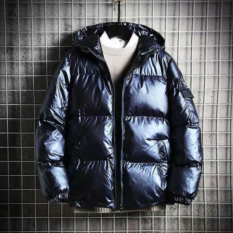 Jaqueta masculina superfície brilhante algodão acolchoado outono inverno à prova de vento manguito elástico com capuz engrossar casaco streetwear