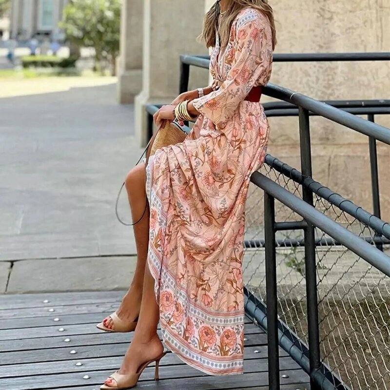 Women Spring Summer Dress Bohemian Floral Print Long Sleeve V Neck Ankle Length Loose A-line Tight Waist Lady Maxi Dress with Be