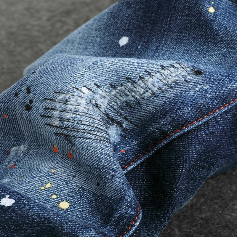 Джинсы мужские стрейчевые, Модные Винтажные рваные джинсы в стиле ретро, синие Брендовые брюки-стрейч с принтом на бедрах