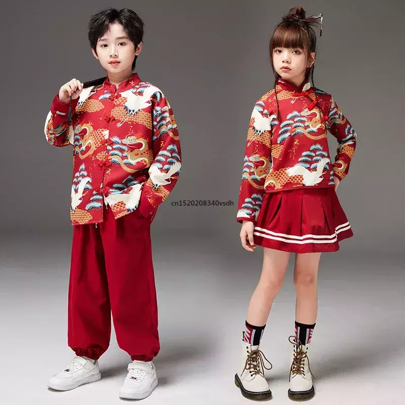 Chłopiec Starożytny Kostium Tang Strój sceniczny Czerwony Zestaw ubrań z nadrukiem w stylu chińskim Dziewczyna Hanfu Spódnica Chiński strój na występy