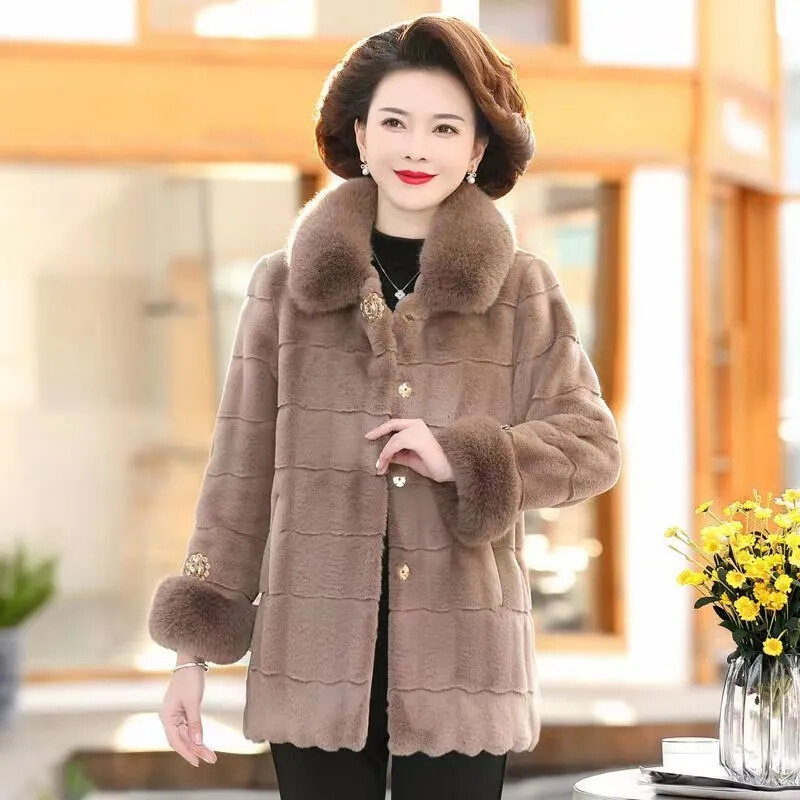 Jaket Mink Denmark untuk wanita paruh baya dan lansia, jaket Mink wanita musim gugur musim dingin, mantel bulu ibu tebal baru 2023