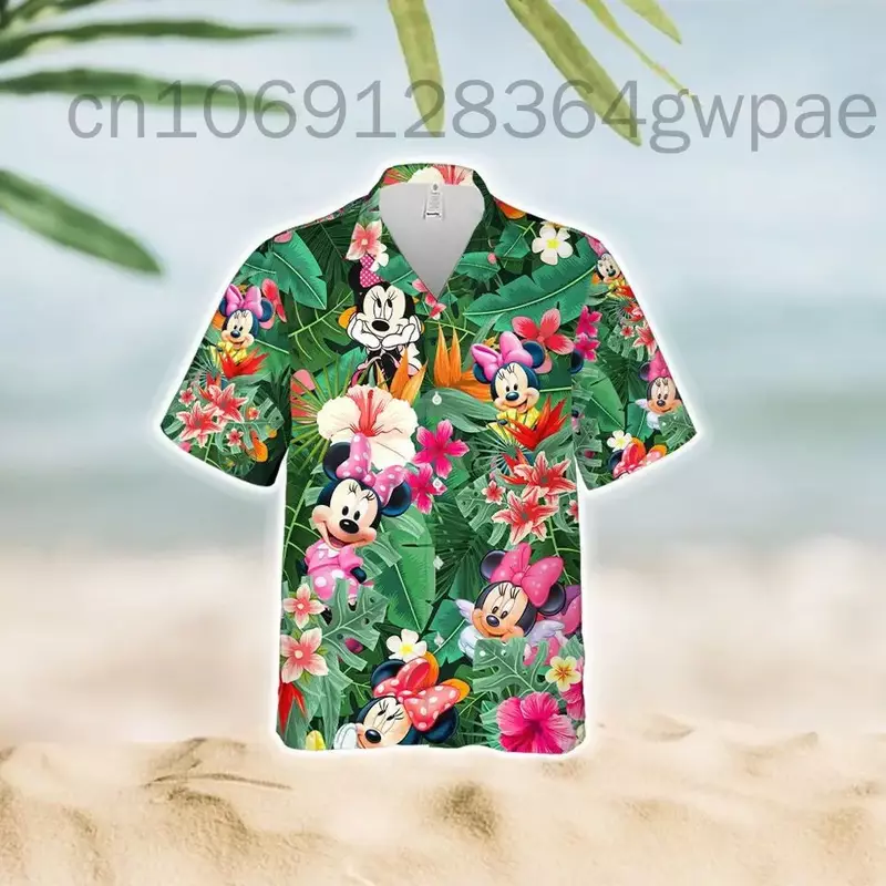 Disney-Chemise hawaïenne Minnie pour hommes et femmes, chemise de plage à manches courtes, chemise boutonnée de fête décontractée, streetwear à la mode