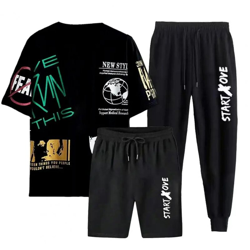 3 sztuk/zestaw męski zestaw odzieży sportowej wokół szyi T-shirt z krótkim rękawem elastyczny sznurek w pasie spodenki dresowe zestaw dres z nadrukiem