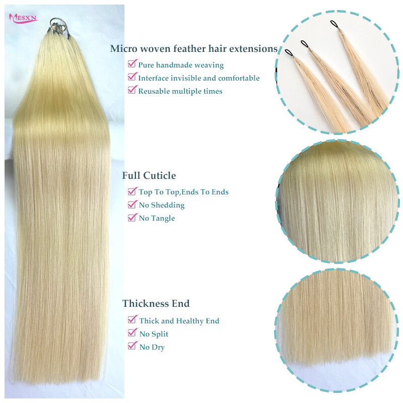 MESXN-Extensions de Cheveux Humains Naturels Lisses en Plume, Brun, Blond, 0.8g/Stran, 16 à 24 Pouces, Nouveauté