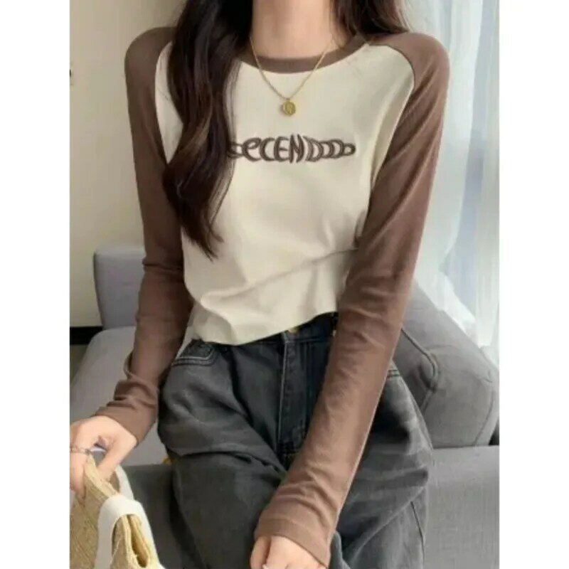 YUQI Women Spring Autumn Long Sleeve T-Shirts Tops Solid Slim Contrast Pullovers Causal Tees Shirts Female Streetwear Base Tees