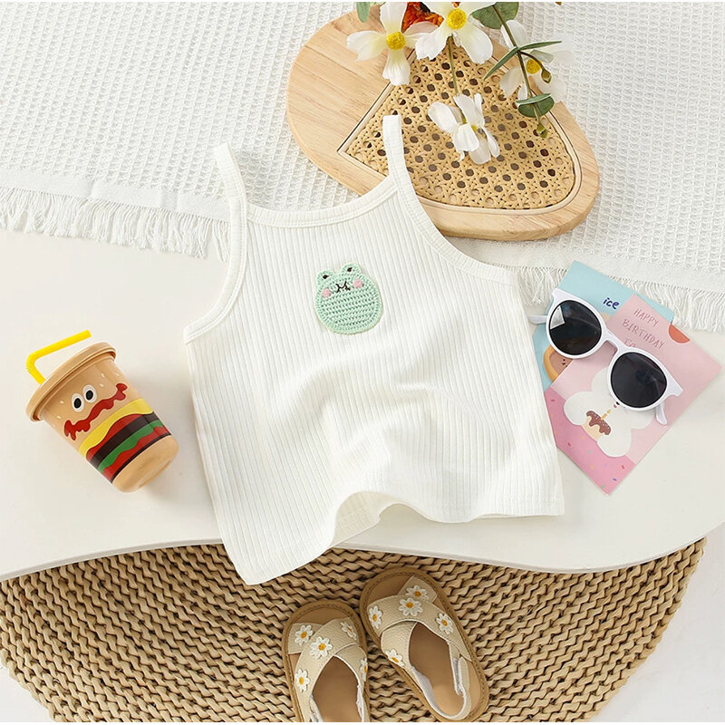 Summer New Baby Sleeveless Tops Children Cute Embroidery Knit Camisole Girl Casual Candy Color Halter Top Kids Cotton Clothes