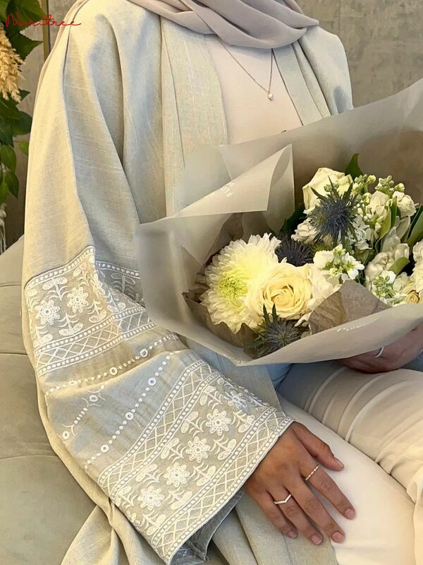 Mode Borduurwerk Kimono Oversized Moslim Gewaad Syari Vrouwelijke Full Length Moslim Bovenkleding Aanbidding Service Abaya Met Riem Wy1946