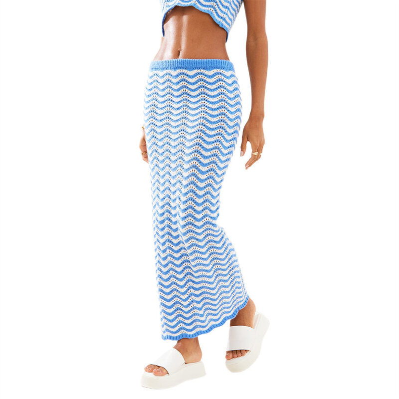 Women’s Strapless Wavy Striped Print Knit Tube Tops and Long Skirt Two Piece Summer Outfits