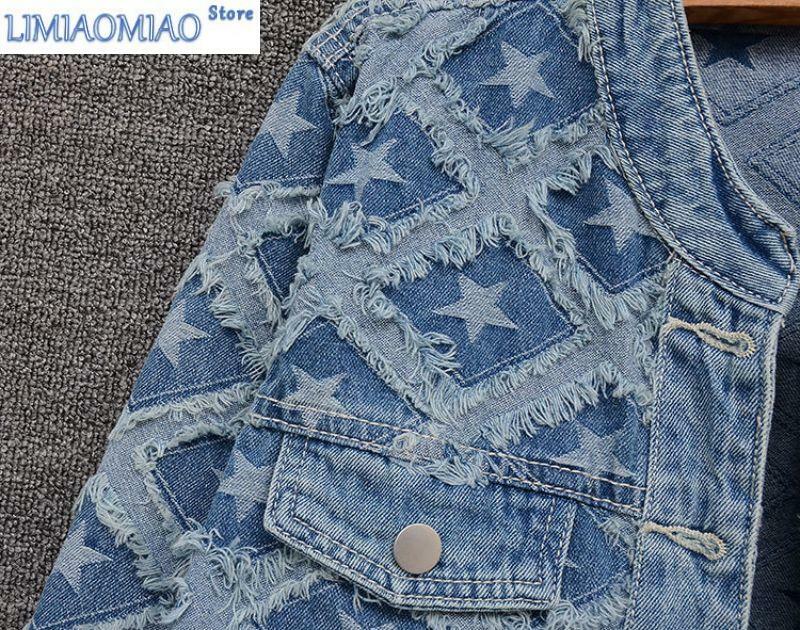Jaqueta jeans de peito único feminina, manga longa, xadrez estrela, azul, algodão, gola em O, moda coreana, casaco curto, rua alta, outono, novo