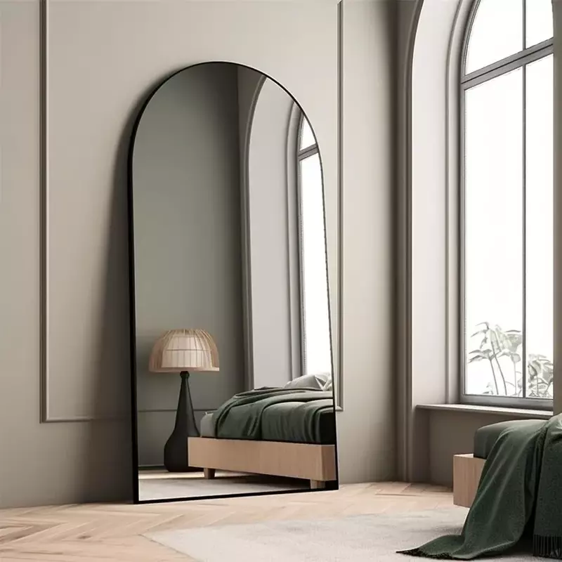 Cermin gantung panjang penuh 71 inci x 32 inci, cermin lantai melengkung dengan penyangga bingkai logam campuran aluminium untuk ruang tamu kamar tidur