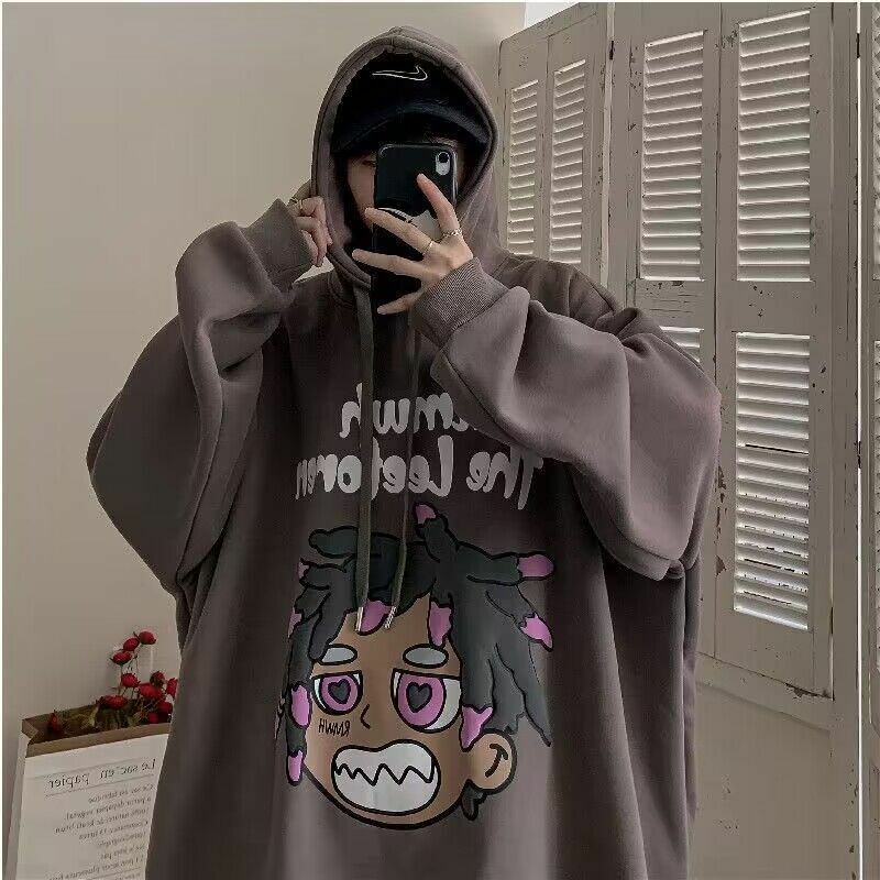 American Retro Character Print Hoodies Women Plush Sweater New Fashion Coat High Street Couples Students Goth Y2k Clothes